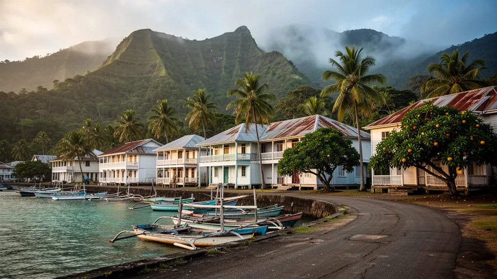 Fiji, Ovalau Adası'ndaki Levuka'nın tarihi sömürge dönemi sahil şeridi; bağlı tekneler, hindistan cevizi palmiyeleri ve kasabanın ardındaki yemyeşil volkanik tepeler
