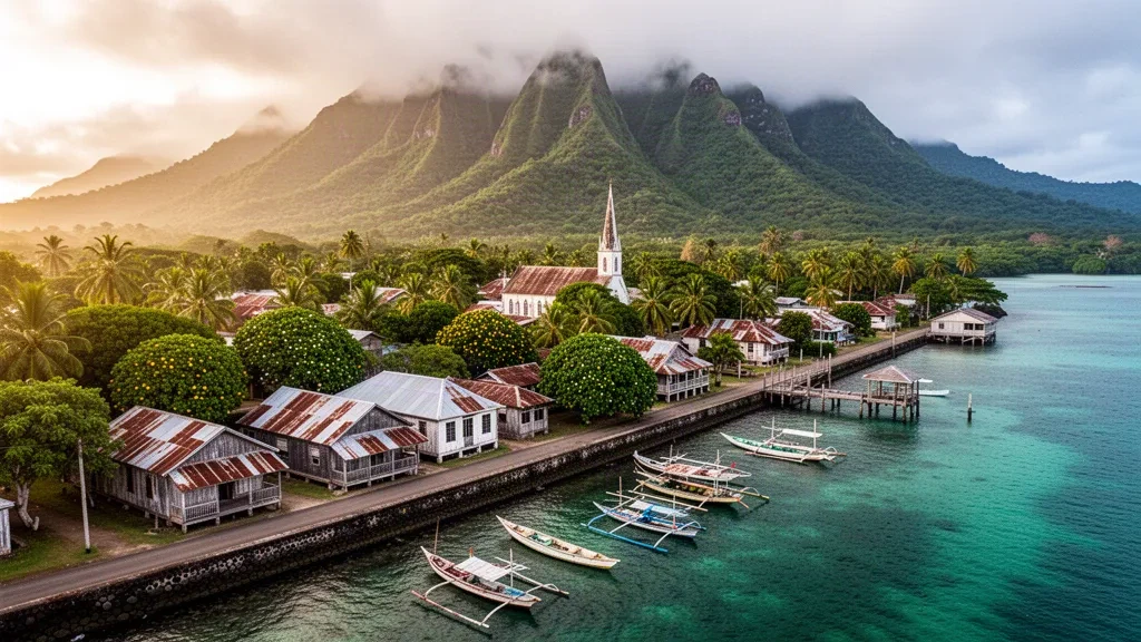 Frente marítimo de la histórica Levuka en la isla de Ovalau, en el grupo Lomaiviti de Fiyi, respaldado por verdes picos volcánicos y una laguna turquesa del Pacífico