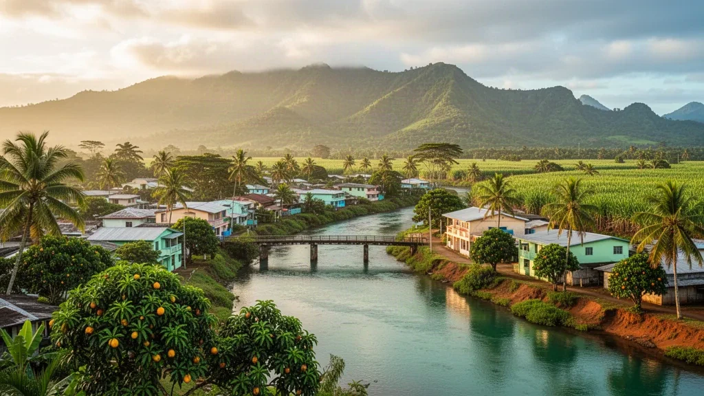 Fiji'nin Kuzey Bölümü'nde tropikal ağaçlar ve sıcak ışık altındaki yeşil dağlarla çevrili Labasa kasabası ve Labasa Nehri.