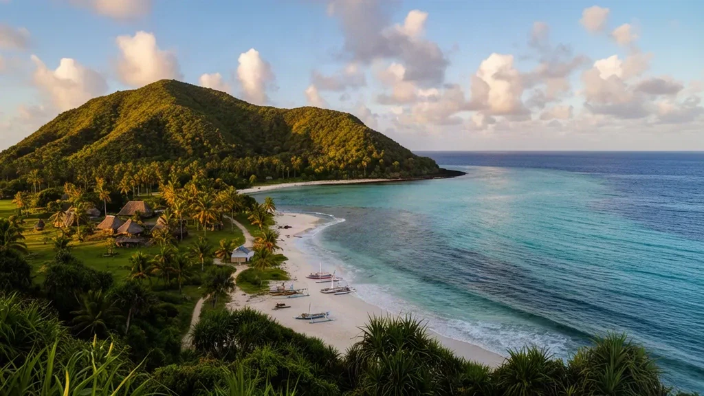 Die Insel Rotuma in Fidschi mit türkisfarbener Lagune, Korallenriff, Palmenhainen und traditionellem Dorf mit Strohdächern zur goldenen Stunde