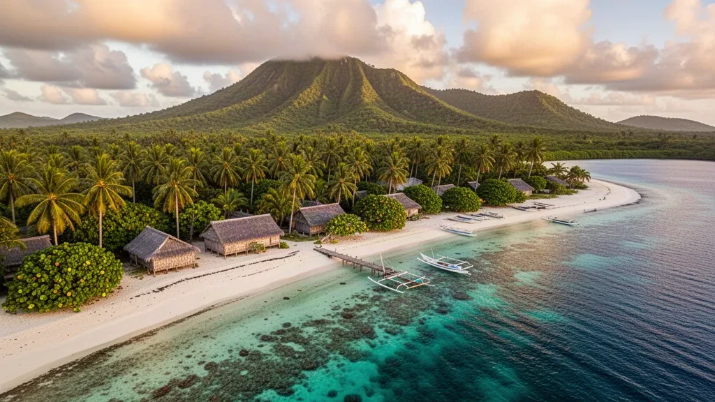 Lagon turquoise, récif corallien et village rotuman bordé de palmiers avec des collines volcaniques sur l'île de Rotuma, aux Fidji, dans une lumière chaude d'après-midi