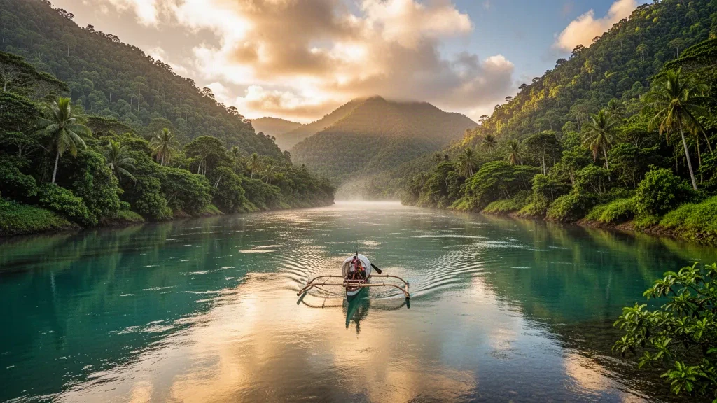 Scenic view of the Navua River in Serua, Fiji, with a traditional outrigger canoe gliding through lush tropical rainforest at golden hour