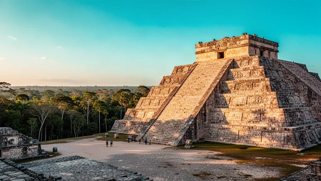 Ancienne pyramide maya en pierre de Chichén Itzá s'élevant au-dessus de la jungle du Yucatán sous la lumière chaude de la fin d'après-midi au Mexique