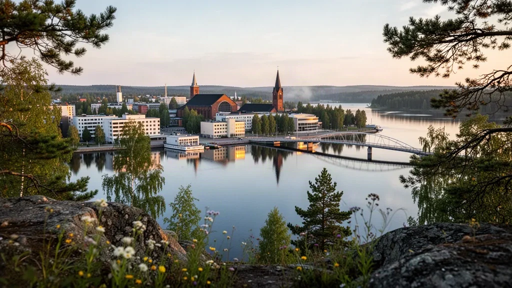 Golden hour view of Jyväskylä in Central Finland, with the city skyline reflecting in Lake Jyväsjärvi and the Kuokkala bridge.