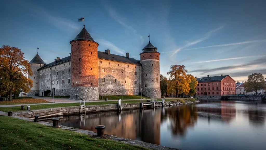 Medieval Turku Castle on the Aura River waterfront in Turku, Finland Proper, lit by soft Nordic evening light
