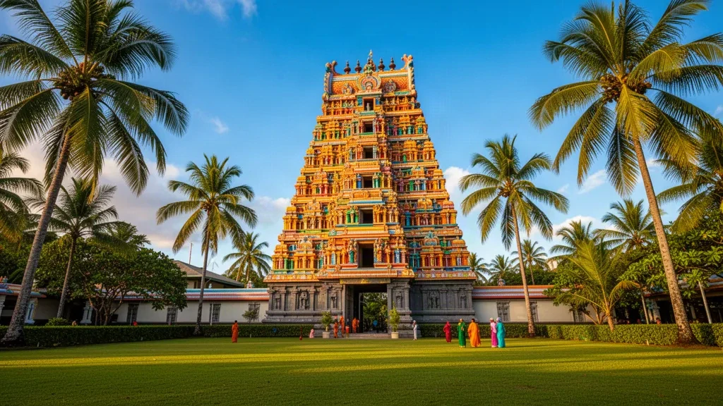 Sri Siva Subramaniya Temple in Nadi, Fiji, with ornate colorful towers and palm trees under a bright tropical sky.