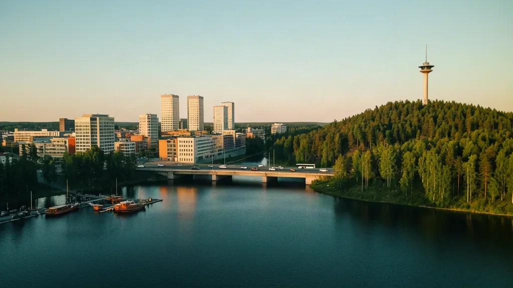 Vista de Jyväskylä, Finlandia Central, durante la hora dorada, con el lago Jyväsjärvi, la torre de observación de Harju y el puente de Kuokkala