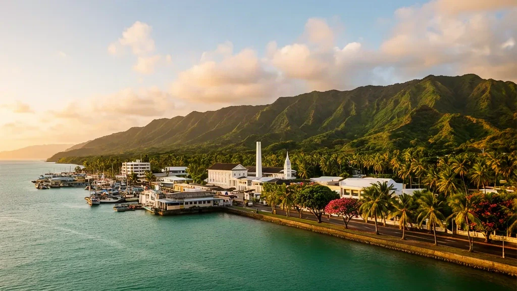Vista durante la hora dorada del paseo marítimo de Lautoka, en la División Occidental de Fiyi, con el puerto, calles bordeadas de palmeras y verdes crestas montañosas
