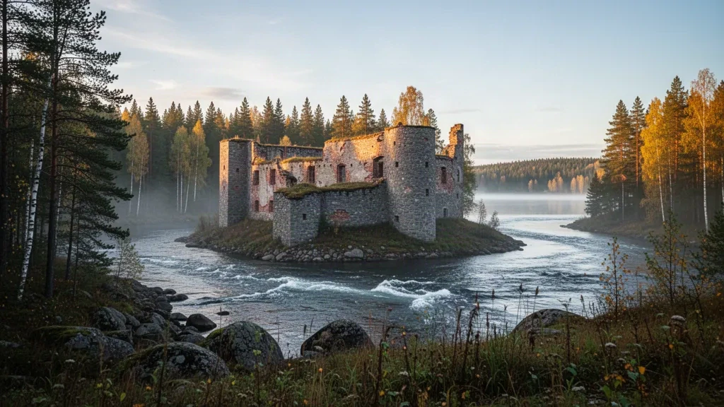 Kajaani Castle ruins on the Kajaaninjoki river amid boreal forest in Kainuu, Finland, lit by warm autumn afternoon light