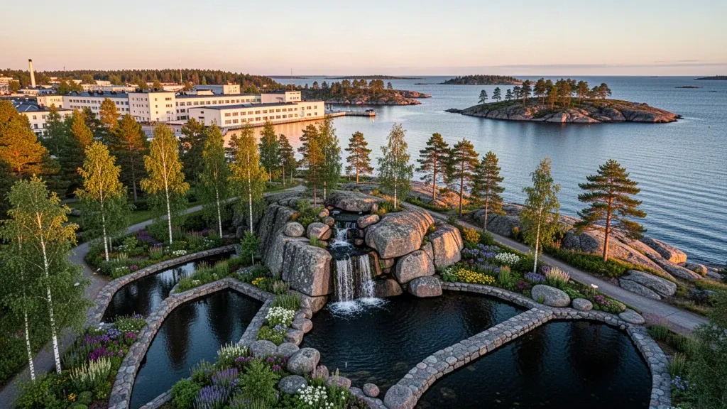 Sapokka Water Garden waterfalls and granite ponds in Kotka, Finland, with Baltic Sea islands behind in the Kymenlaakso region.