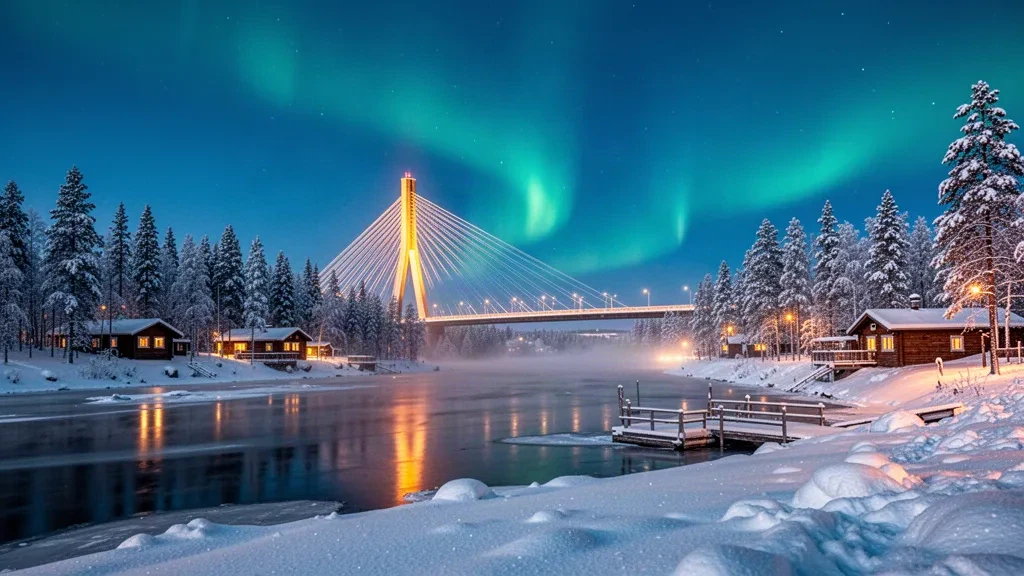 Pont illuminé Jätkänkynttilä et forêt boréale enneigée au-dessus de la rivière gelée Kemijoki à Rovaniemi, en Laponie finlandaise, à l'heure bleue.