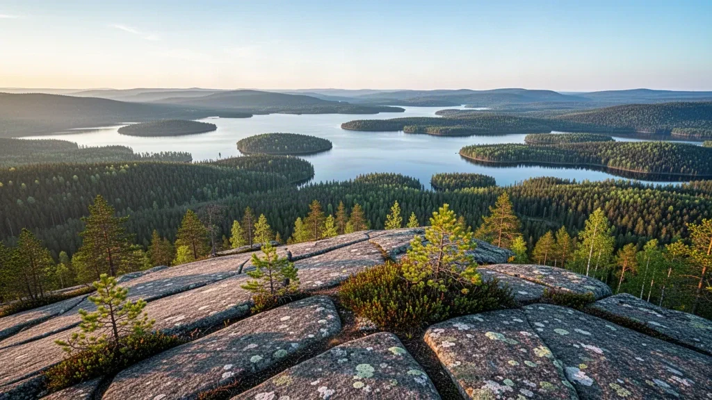 Sommet rocheux de la colline de Koli surplombant le lac Pielinen et ses îles boisées en Carélie du Nord, en Finlande, à l'heure dorée