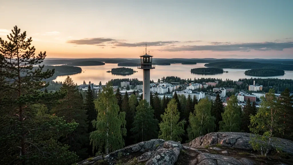 Puijo Tower overlooking forested hills and Lake Kallavesi in Kuopio, Northern Savonia, Finland at golden hour