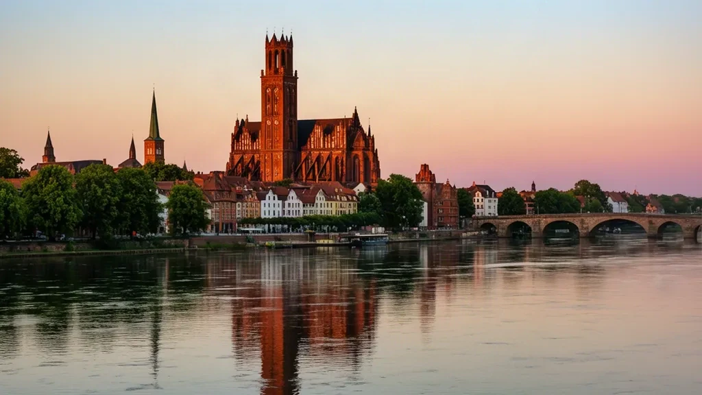 Catedral gótica de ladrillo y paseo marítimo histórico de Brandeburgo del Havel reflejados en el río Havel a la hora dorada, Alemania