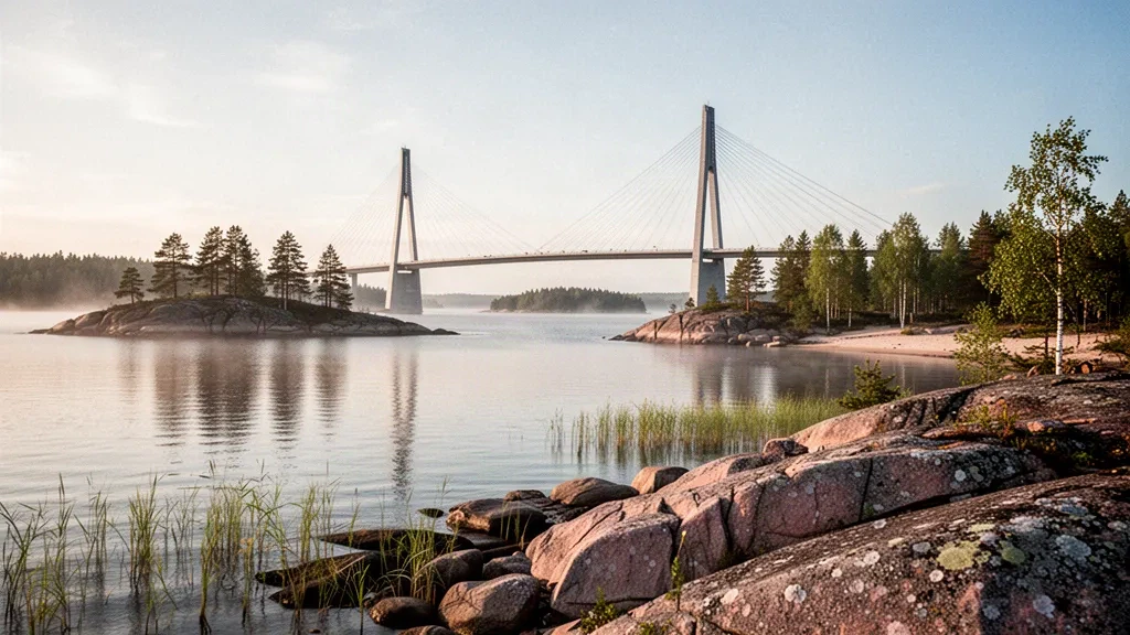 Uferpromenade von Vaasa und die Replot-Brücke über den Kvarken-Archipel in Österbotten, Finnland, in warmem Abendlicht