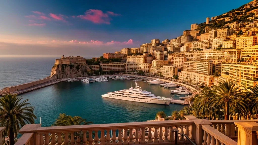 Monte Carlo hillside and Port Hercule marina filled with yachts in Monaco at golden hour, seen from an elevated terrace above the Mediterranean