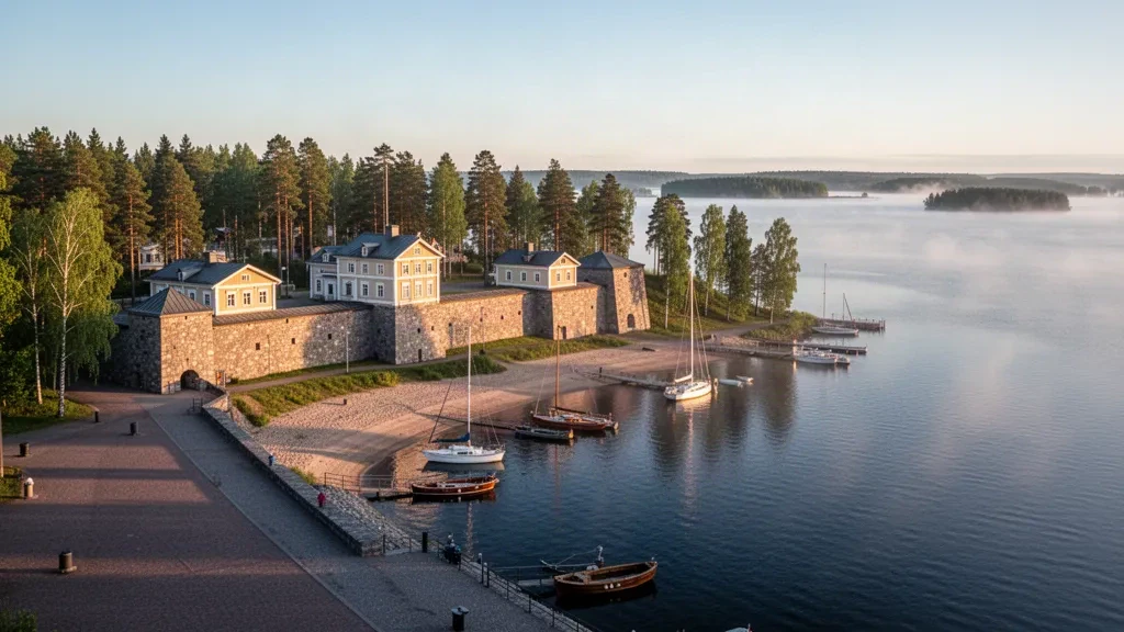 Die Festung Lappeenranta über dem Hafen am Saimaa-See in Südkarelien, Finnland, an einem ruhigen Sommermorgen mit festgemachten Booten und Kiefernwald