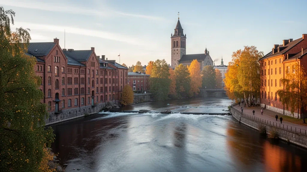 Die Stromschnellen Tammerkoski fließen an rotbackigen Industriegebäuden vorbei, dahinter der Turm des Doms von Tampere, in Tampere, Pirkanmaa, Finnland, im Herbstlicht.