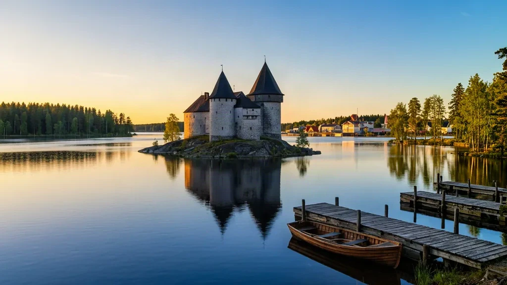 Olavinlinna Castle on Lake Saimaa in Savonlinna, Southern Savonia, Finland, at golden hour with calm water and forested islands