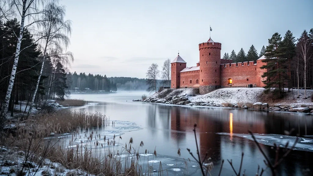Le château médiéval de Häme au bord de la rive gelée du lac Vanajavesi à Hämeenlinna, Tavastia-Propre, Finlande, au crépuscule hivernal