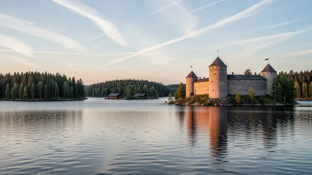 Olavinlinna medieval castle on Lake Saimaa in Savonlinna, Southern Savonia, Finland, glowing at golden hour with forested islands