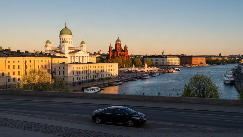 Panorámica de Helsinki a la hora dorada con la Catedral de Helsinki, el muelle del Puerto Sur y el bulevar frente al mar en la región de Uusimaa, Finlandia