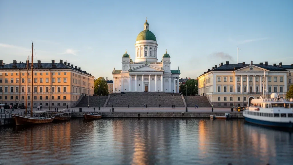 La Cattedrale di Helsinki e la sua cupola verde che si ergono sopra il porto baltico a Uusimaa, Finlandia, all'ora d'oro