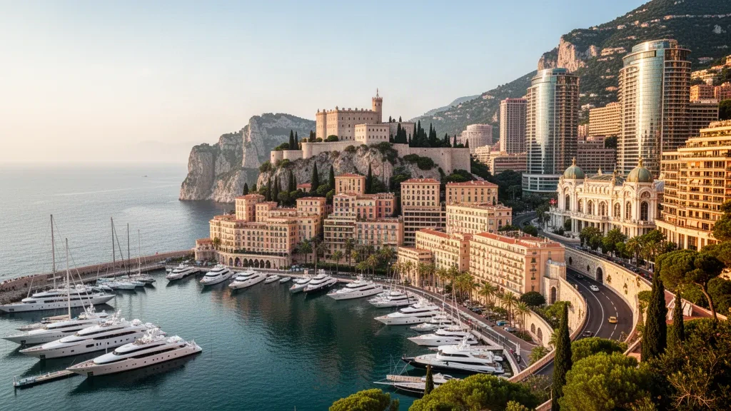 Vue panoramique à l'heure dorée sur le port Hercule, le Rocher de Monaco et Monte-Carlo s'élevant au-dessus de la côte méditerranéenne