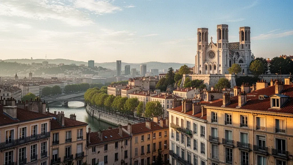 Panoramic view of Vieux Lyon rooftops, the Saône river and Notre-Dame de Fourvière basilica in Auvergne-Rhône-Alpes at golden hour