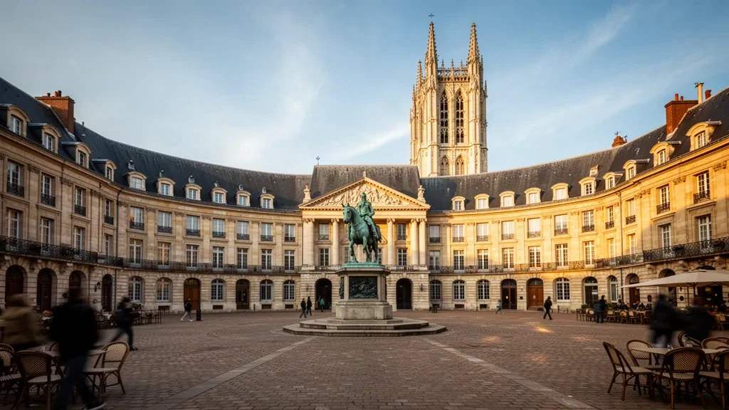 Golden-hour view of Place de la Libération and the Palais des Ducs de Bourgogne in Dijon, Bourgogne-Franche-Comté, France.
