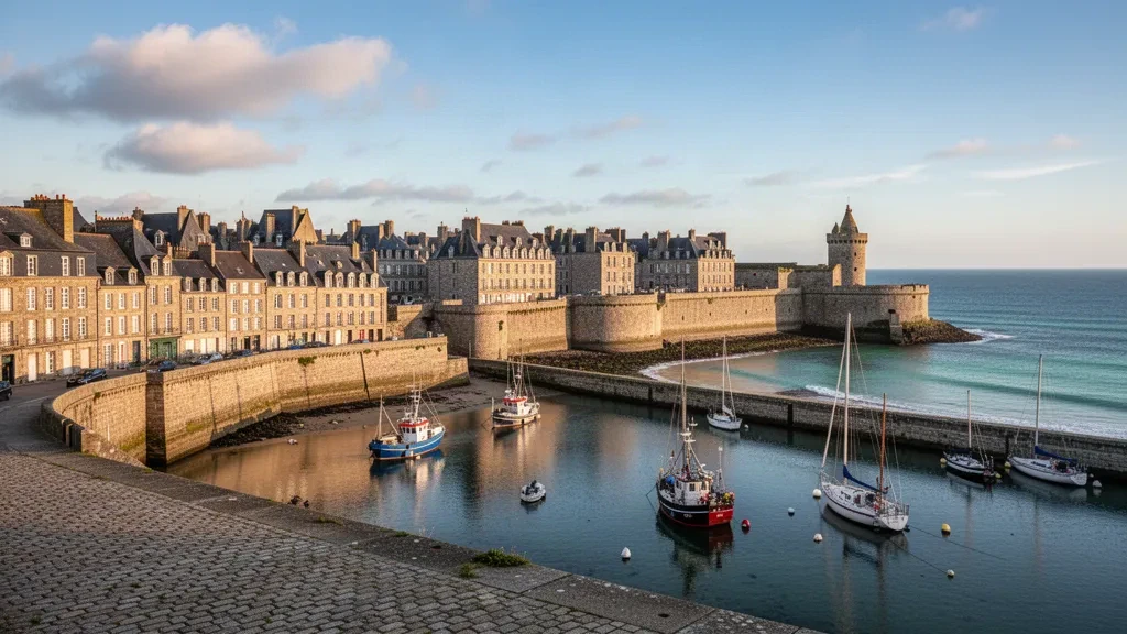 Bastioni di granito e tetti in ardesia della città vecchia di Saint-Malo sopra il porto in Bretagna, Francia, che brillano nell'ora d'oro