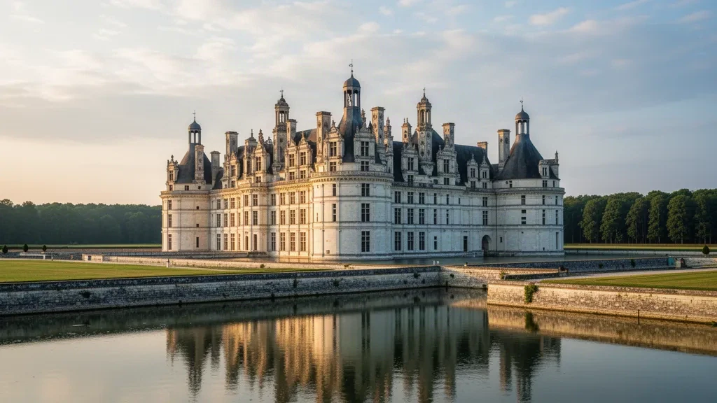 Château de Chambord's Renaissance towers and moat reflected in golden afternoon light in the Loire Valley, Centre-Val de Loire, France