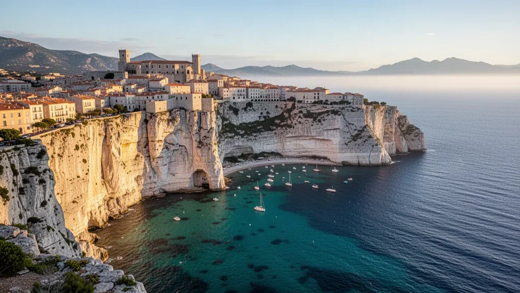 Cittadella di Bonifacio su bianche scogliere calcaree sopra il Mar Mediterraneo turchese in Corsica, Francia