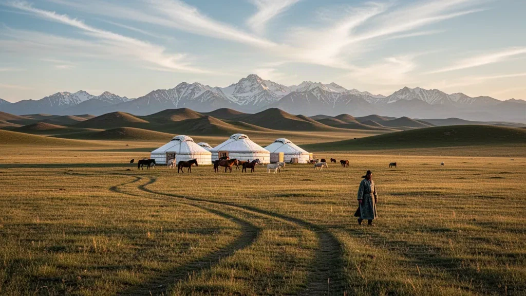 Campo ger nomade e cavalli al pascolo nella steppa mongola aperta sotto le lontane montagne dell'Altai durante l'ora d'oro