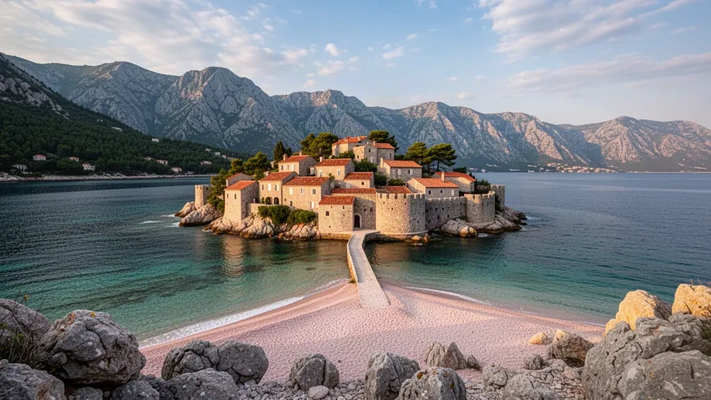 Sveti Stefan islet with stone walls and terracotta roofs on Montenegro's Adriatic coast, framed by pine hills and clear blue sea