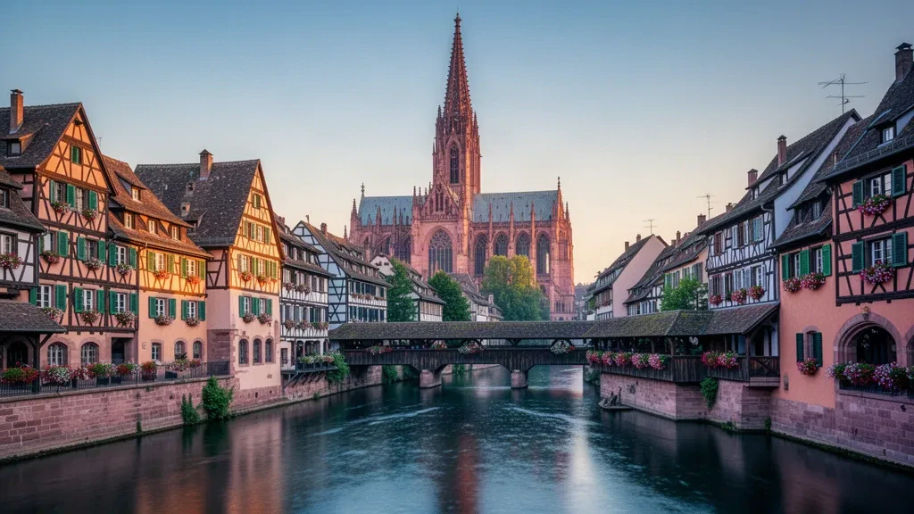 Strasbourg Cathedral rising above the half-timbered houses and canals of Petite France in Grand Est, France at golden hour
