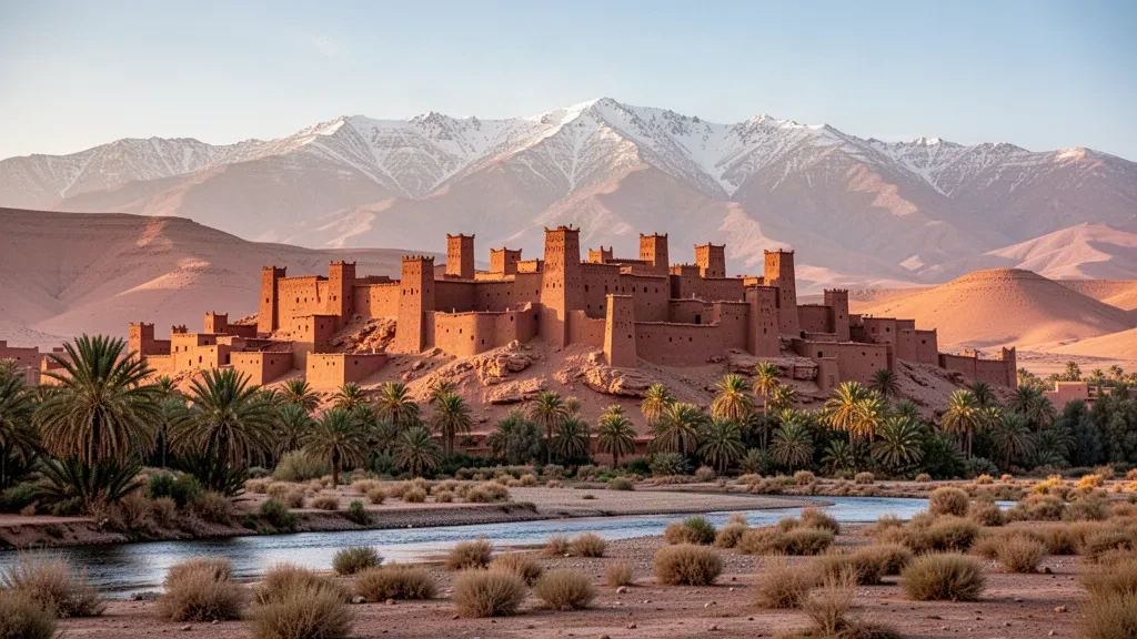 Golden hour light over the earthen kasbah of Ait Benhaddou in Morocco, with palm groves and the High Atlas mountains behind