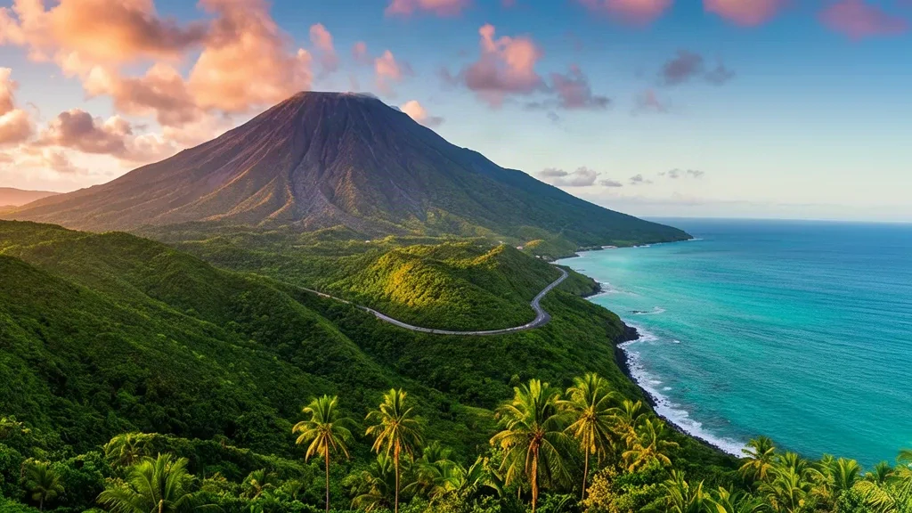 Collines verdoyantes et le volcan Soufrière Hills s'élevant au-dessus de la mer des Caraïbes turquoise à Montserrat.
