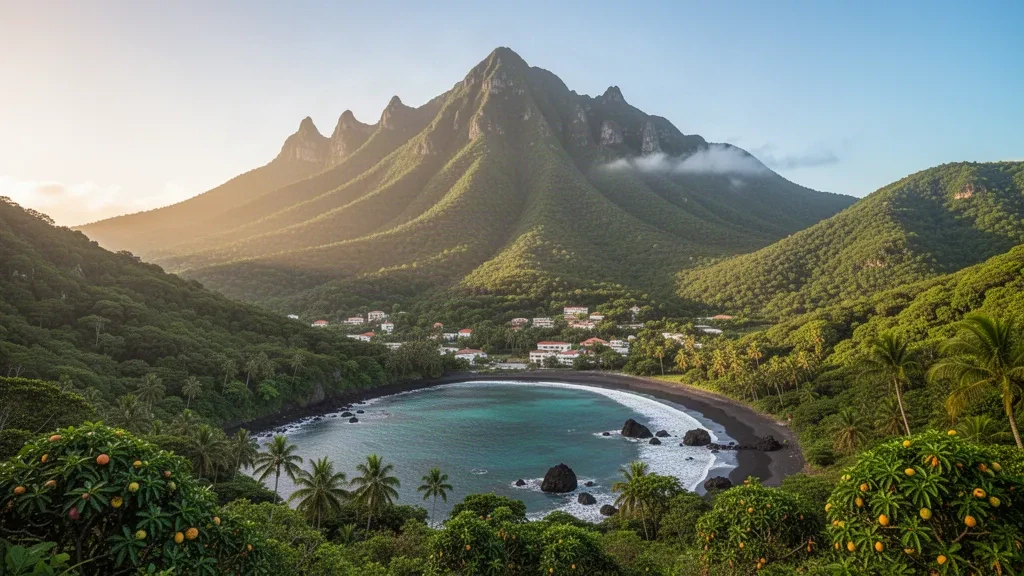 Volcan Soufrière Hills s'élevant au-dessus de collines tropicales verdoyantes et d'une baie de sable noir sur l'île caribéenne de Montserrat