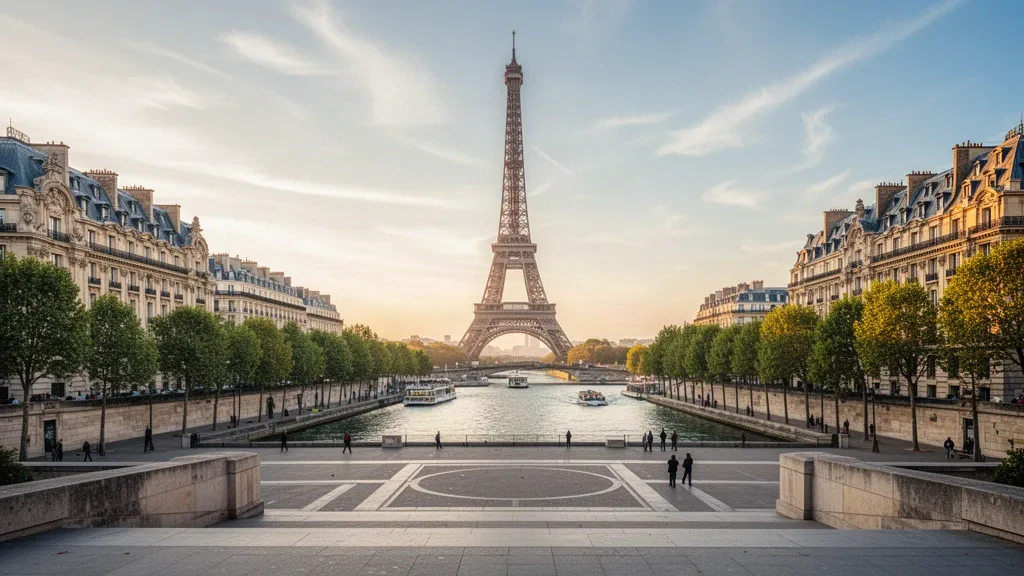 Eiffelturm und Haussmann'sche Dächer in Paris, Île-de-France, in der goldenen Stunde von der Trocadéro-Esplanade über der Seine aus gesehen