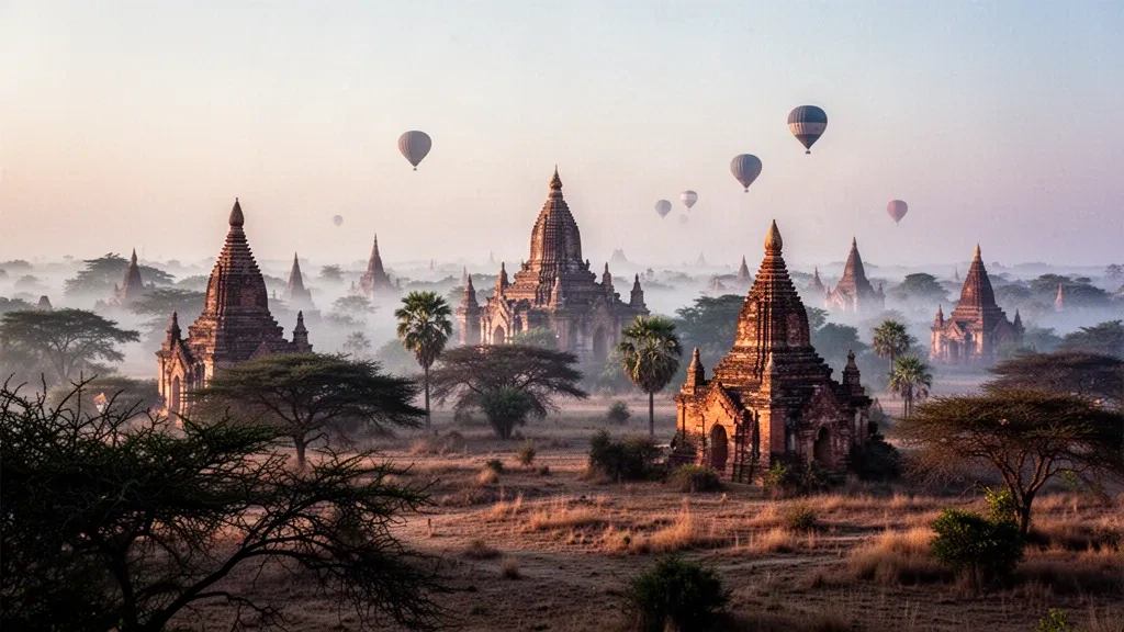 Antiguos templos y estupas budistas de Bagan, Myanmar, emergiendo entre la niebla matinal al amanecer bajo una cálida luz dorada
