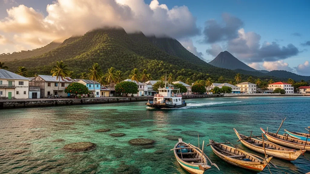 Mamoudzou harbour and turquoise lagoon on Mayotte at golden hour, with forested volcanic hills and ferry barges in the Indian Ocean