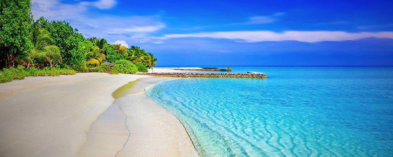 beach, sea, panorama, panoramic, blue sea, blue ocean, horizon, nature, seascape, tropical, tropical island, shore, seashore, coast, coastline, sandy beach, paradise, palm trees, ocean, water, holiday, white sand, exotica, blue, warm, relax, exotic, islan