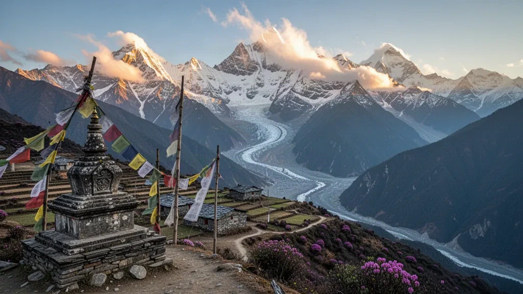 Snow-capped Himalayan peaks in Nepal with Buddhist prayer flags and a Sherpa village on a high ridge at golden hour