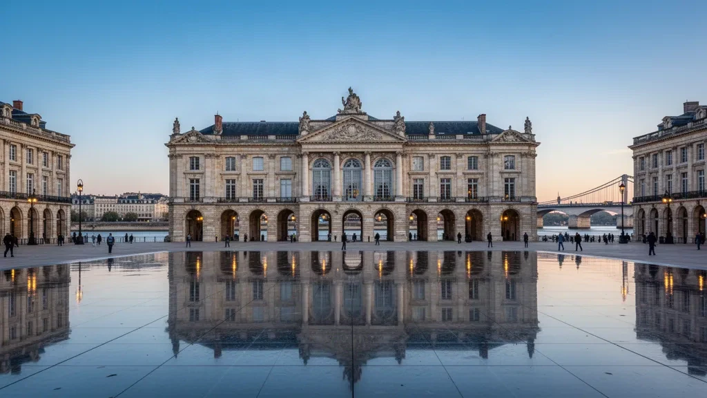 Place de la Bourse and Miroir d'Eau reflecting the historic waterfront of Bordeaux, Nouvelle-Aquitaine, France at twilight.