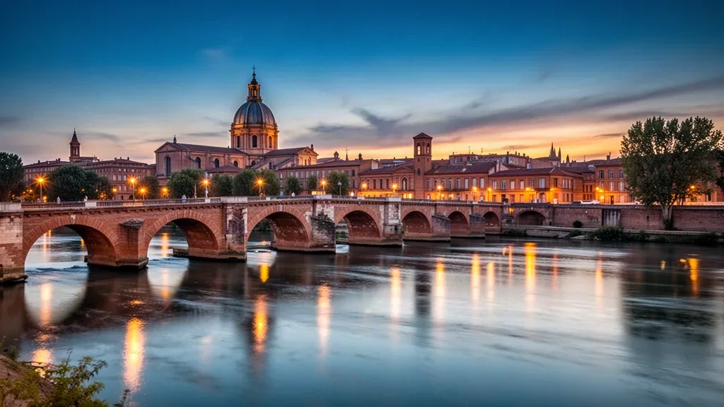 Pont Neuf und die Garonne in Toulouse, Okzitanien, Frankreich, zur blauen Stunde mit historischen Ziegelbögen und Stadtlichtern.
