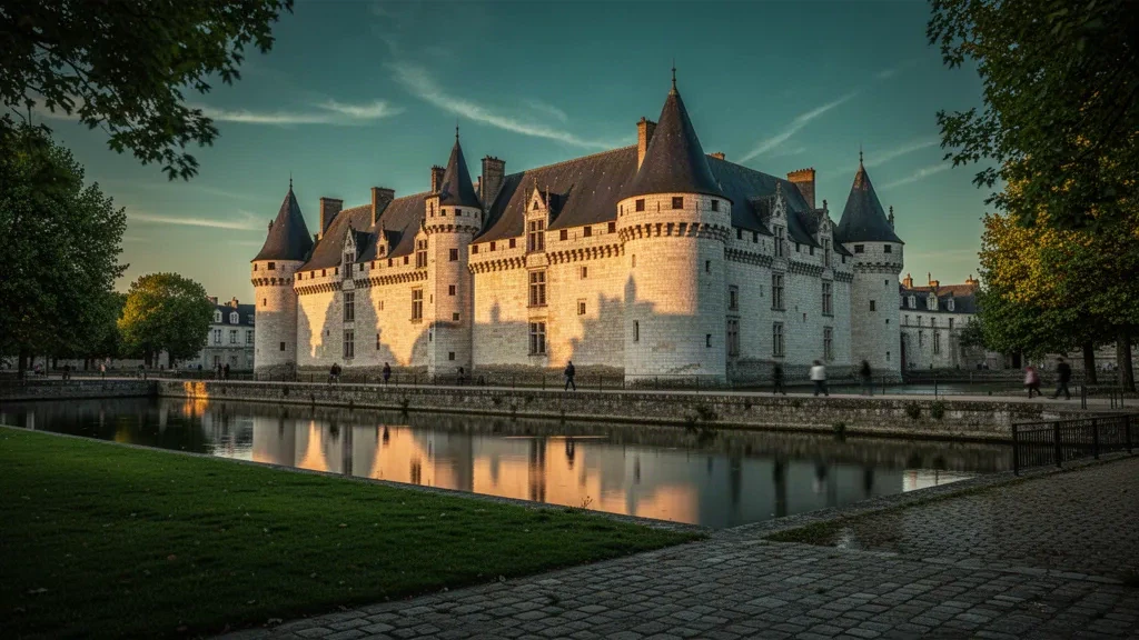 Castello dei Duchi di Bretagna a Nantes, Paesi della Loira, riflesso nel suo fossato durante l'ora d'oro