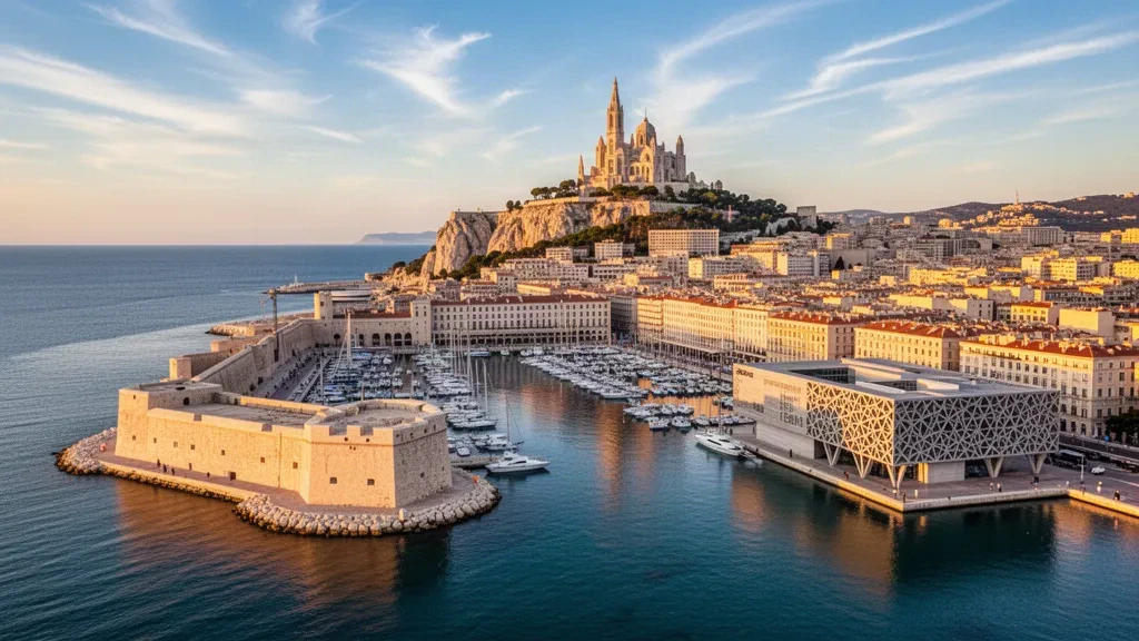 Golden hour view over Marseille's Vieux-Port with Notre-Dame de la Garde basilica and boats in Provence-Alpes-Côte d'Azur, France.