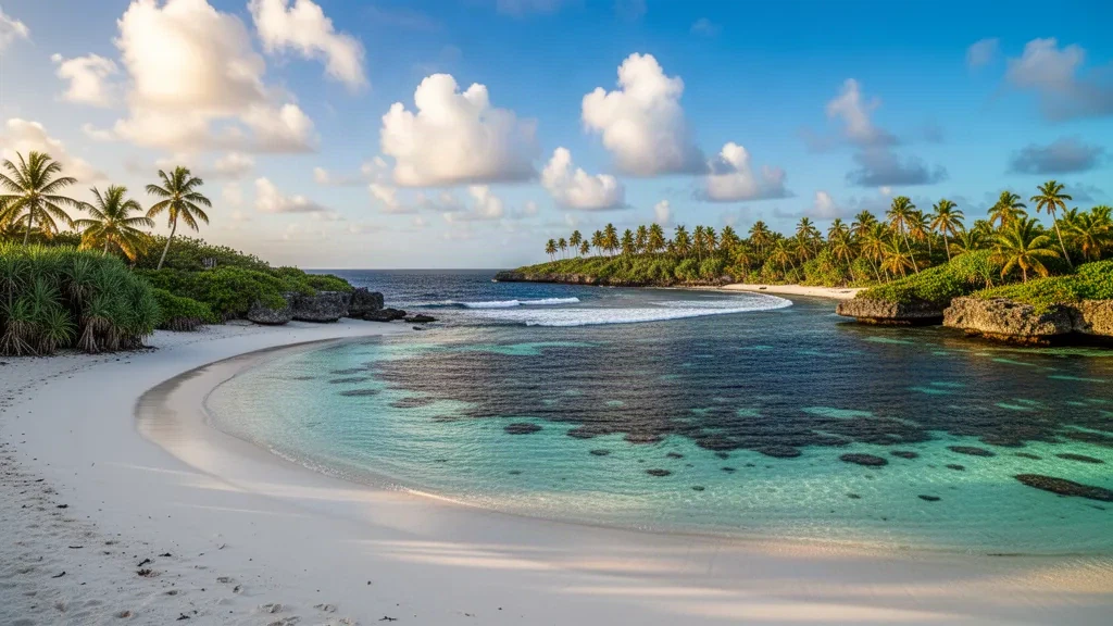Aguas turquesa de la Bahía de Anibare en Nauru, enmarcadas por palmeras cocoteras y una costa de piedra caliza coralina en el Pacífico tropical.
