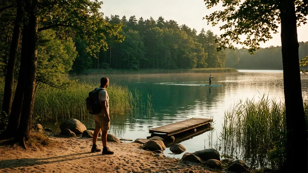 Wanderer auf einem Waldweg am Seeufer neben dem Schlachtensee im Berliner Grunewald, ruhiges Wasser und warmes Sommerlicht am Morgen